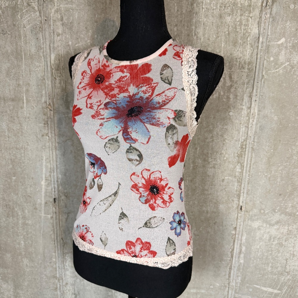 Ruby Vintage 90s Floral Lace Trim Sleeveless‎ Tank Top Red Blue Mesh 90s Y2K USA
